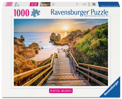 Ravensburger Stairway to Camilo Beach 1000 piece puzzle featuring wooden staircase, Algarve cliffs and ocean sunset scenery