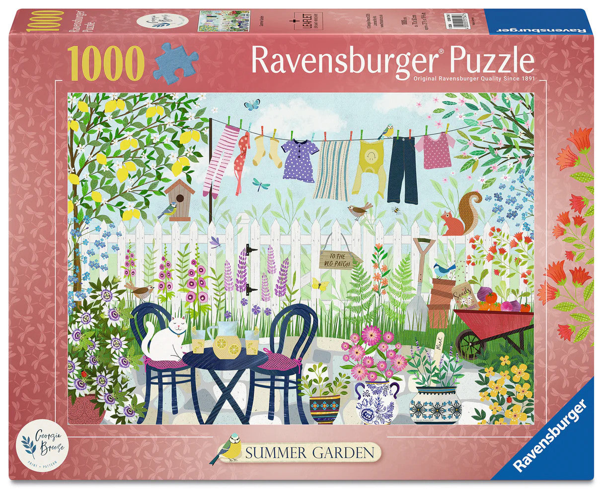 Ravensburger Summer Garden 1000 piece puzzle featuring colourful flowers, birds, vegetable garden and charming backyard artwork