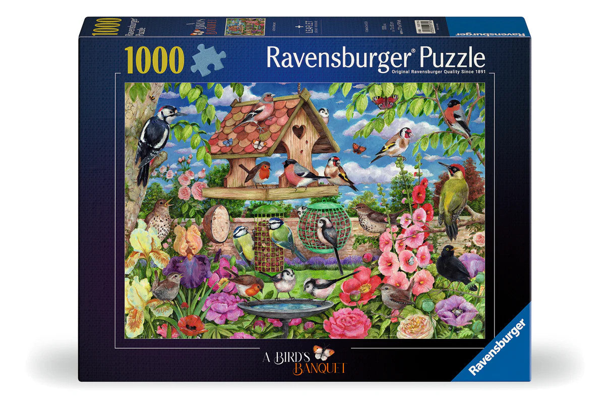 Ravensburger The Bird Table 1000 piece puzzle featuring colourful garden birds and blooming flowers