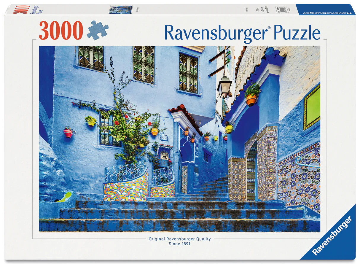 Ravensburger Morocco in Blue 3000 piece puzzle featuring the famous blue streets, stairways and architecture of Chefchaouen Morocco