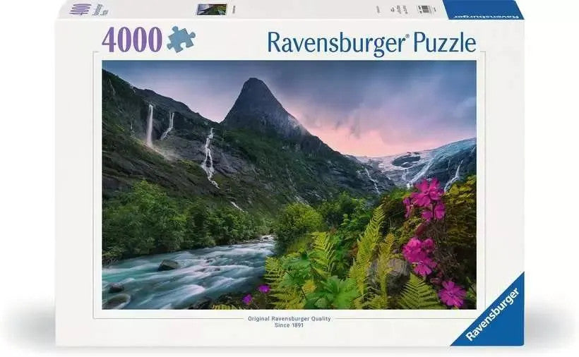 Ravensburger Stunning Mountain Vibes 4000 piece puzzle featuring mountain landscape with waterfalls and river
