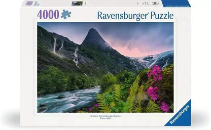 Ravensburger Stunning Mountain Vibes 4000 piece puzzle featuring mountain landscape with waterfalls and river