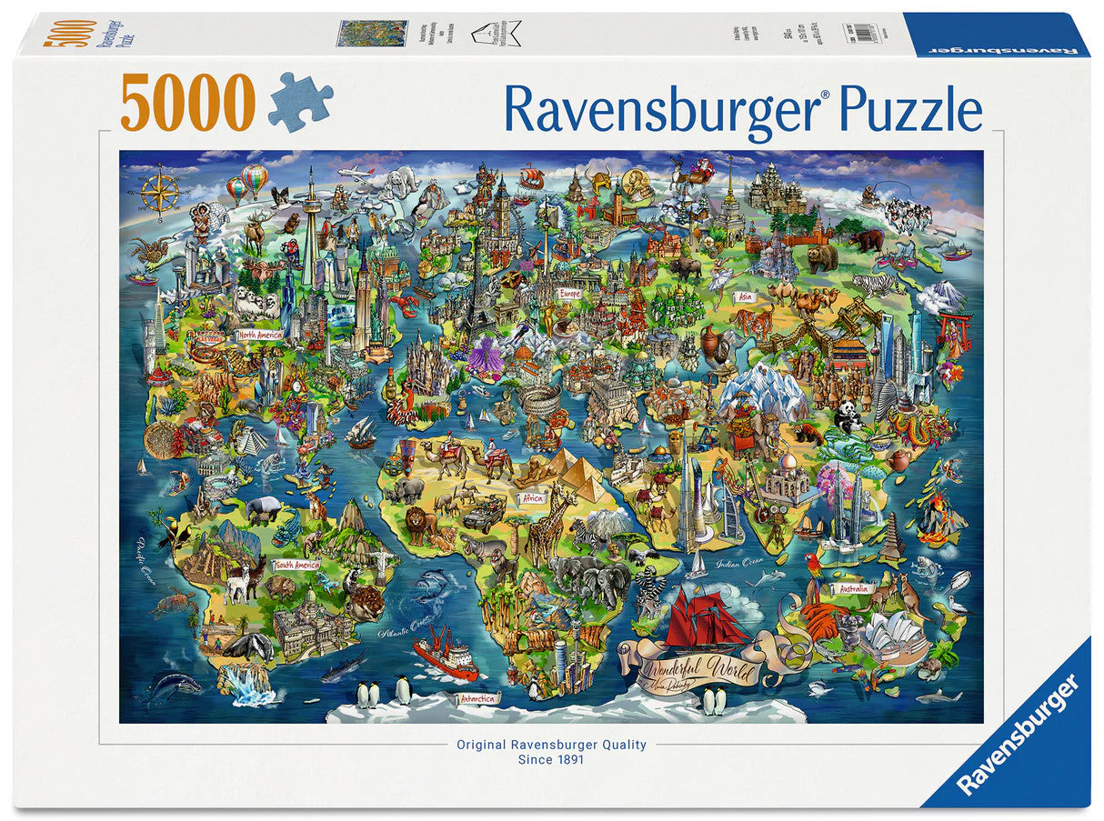 Ravensburger Illustrated World Map 5000 piece puzzle featuring world landmarks, animals, famous attractions and cultural icons