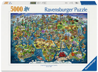Ravensburger Illustrated World Map 5000 piece puzzle featuring world landmarks, animals, famous attractions and cultural icons