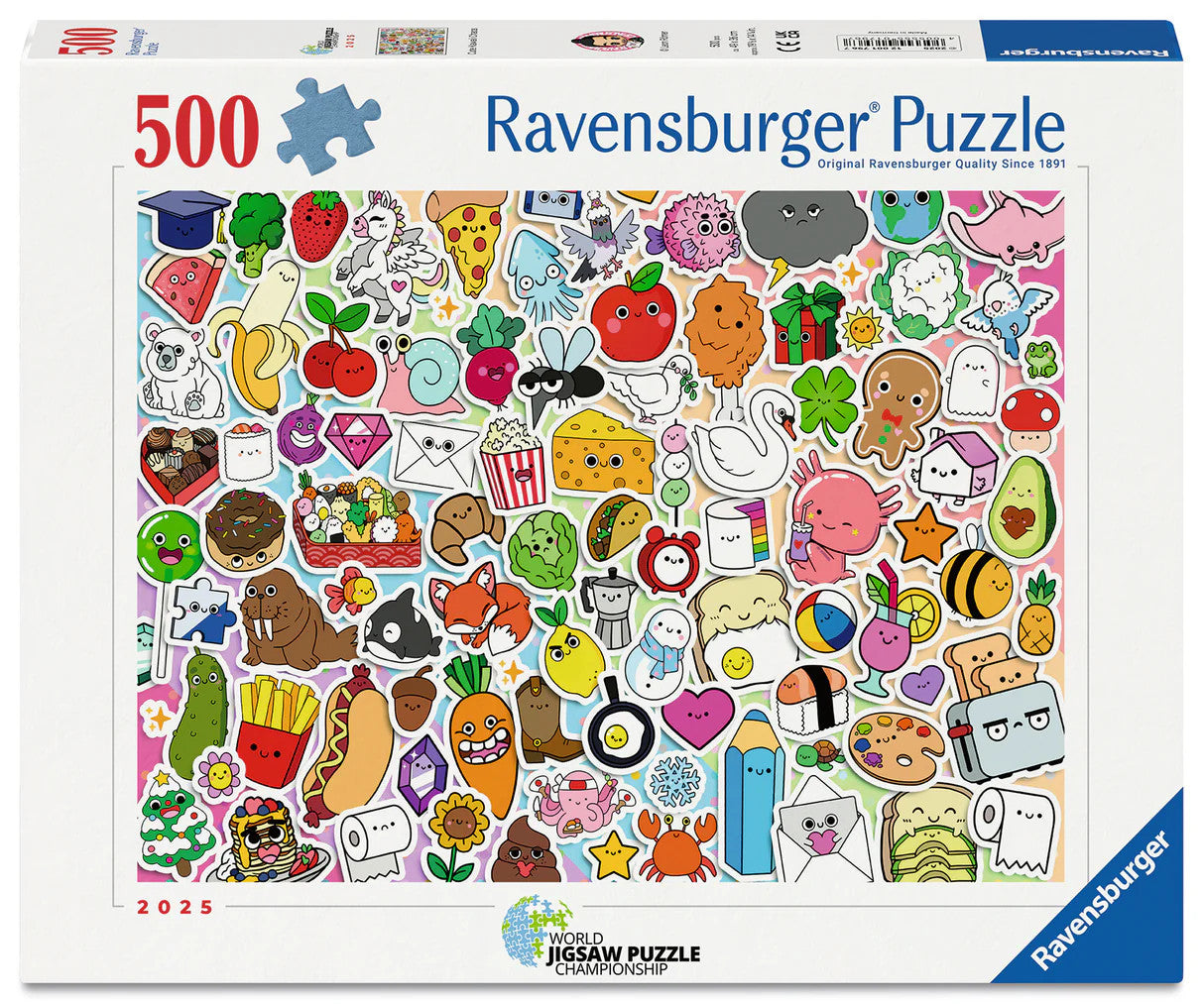 Ravensburger Cute Kawaii Chaos 500 piece puzzle featuring colourful kawaii characters, food, animals and cute illustrations