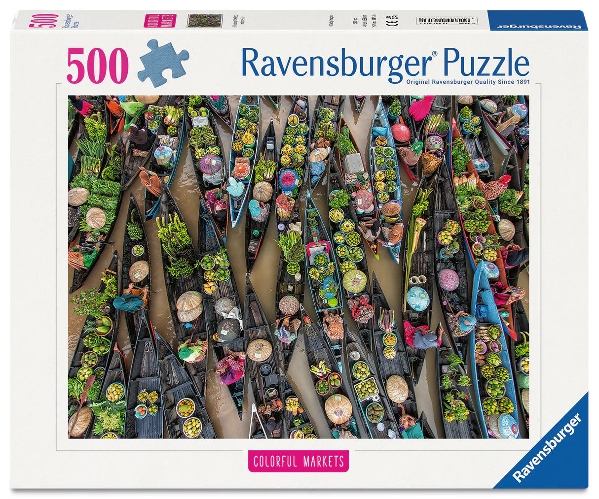 Ravensburger Floating Market Indonesia 500 piece puzzle featuring colourful traditional market boats filled with fresh produce