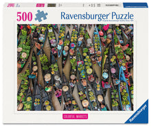 Ravensburger Floating Market Indonesia 500 piece puzzle featuring colourful traditional market boats filled with fresh produce
