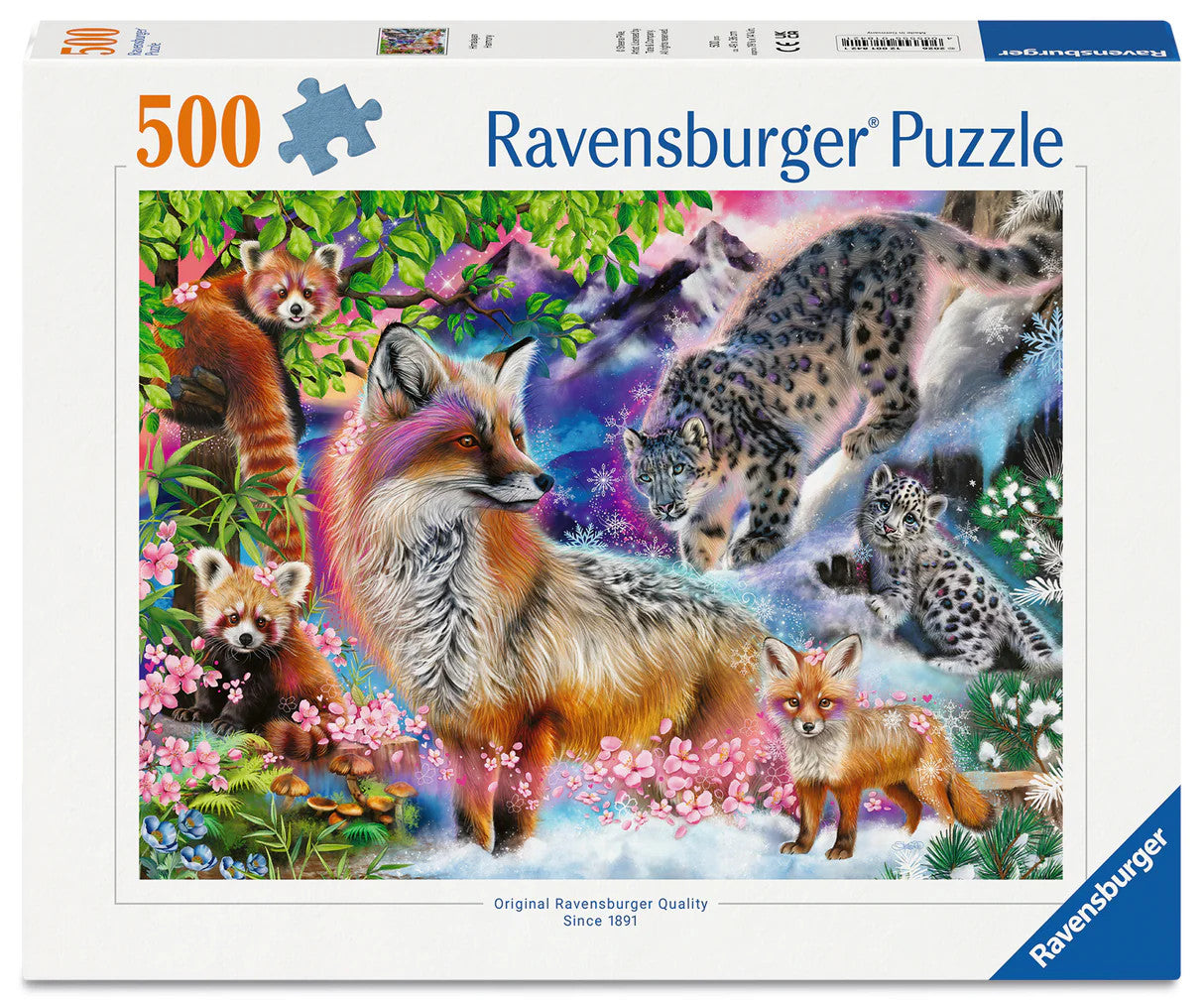 Ravensburger Himalayan Harmony 500 piece puzzle featuring snow leopards, foxes, red pandas and colourful mountain wildlife artwork