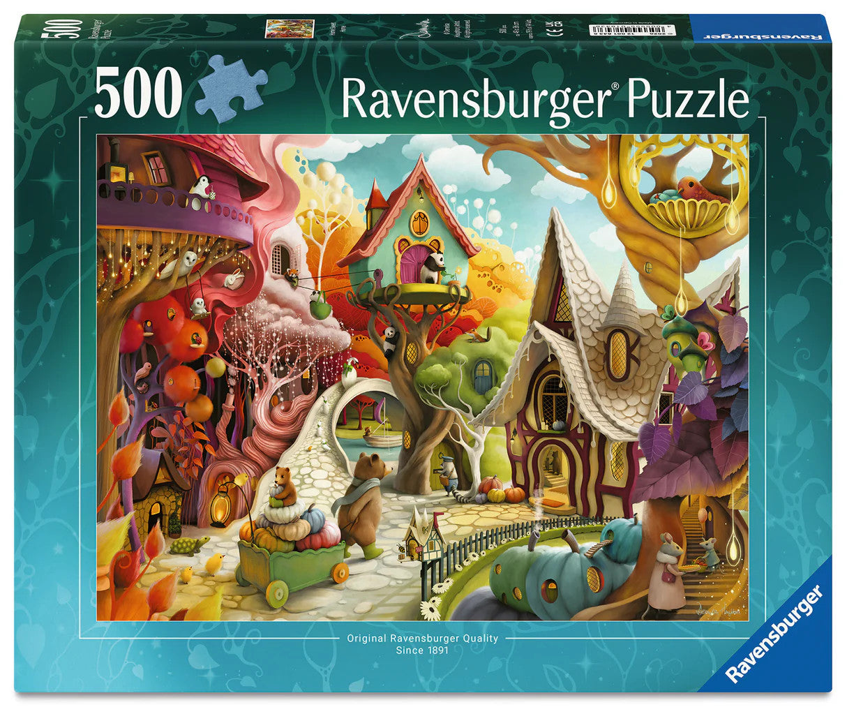 Ravensburger Home Sweet Home 500 piece puzzle featuring magical woodland village with treehouses, cottages and forest animals