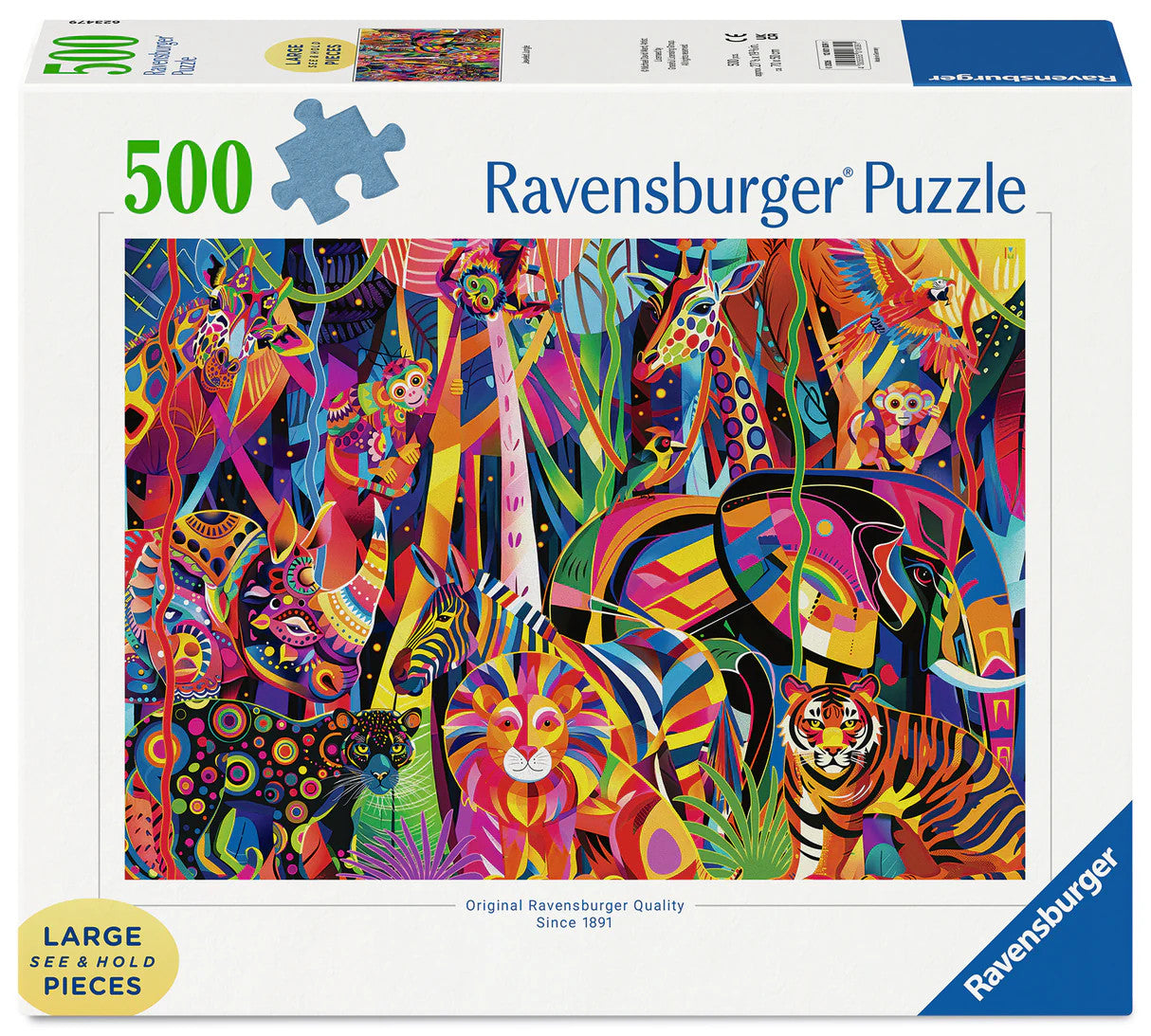 Ravensburger Jewelled Jungle Large Format 500 piece puzzle featuring colourful geometric jungle animals including lions, tigers, elephants and giraffes