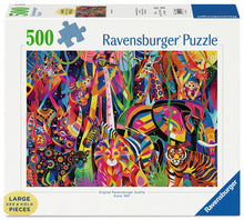 Ravensburger Jewelled Jungle Large Format 500 piece puzzle featuring colourful geometric jungle animals including lions, tigers, elephants and giraffes