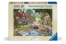 Ravensburger 1000 piece Lazy Days by the Stream puzzle featuring a picturesque countryside village and stone bridge