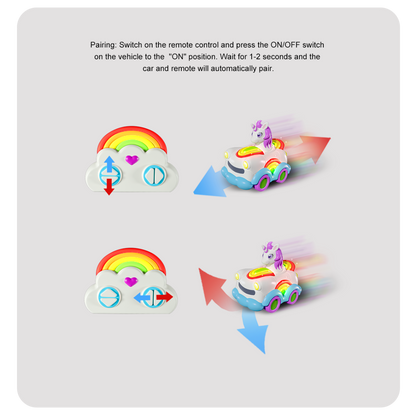 Instruction graphic showing how to pair a remote control with a small toy car. The panel contains two pairs of remote and car illustrations with arrows indicating the pairing process on a light gray background.