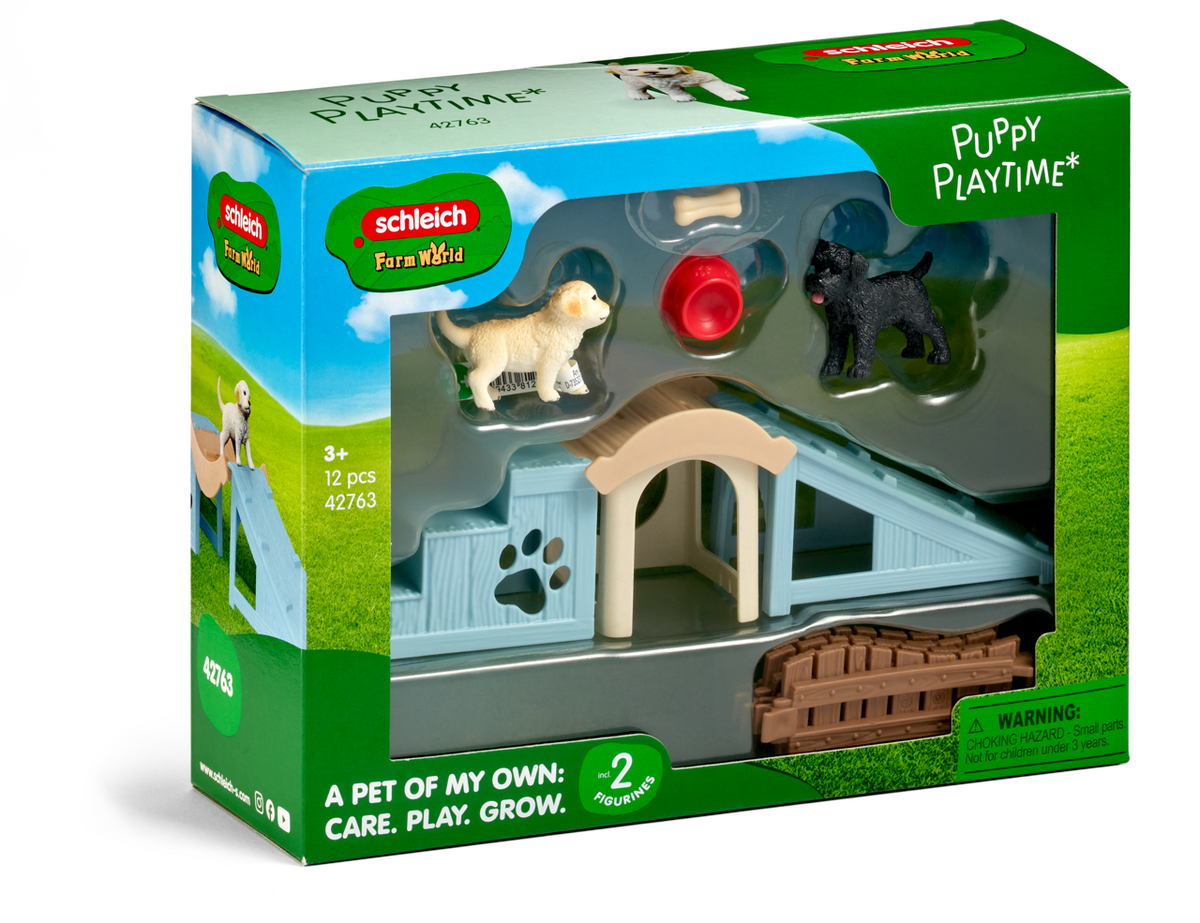 Schleich Adventure Fun for Little Puppies 42763 FARM WORLD puppy playground playset with two puppies, kennel, ramp and seesaw