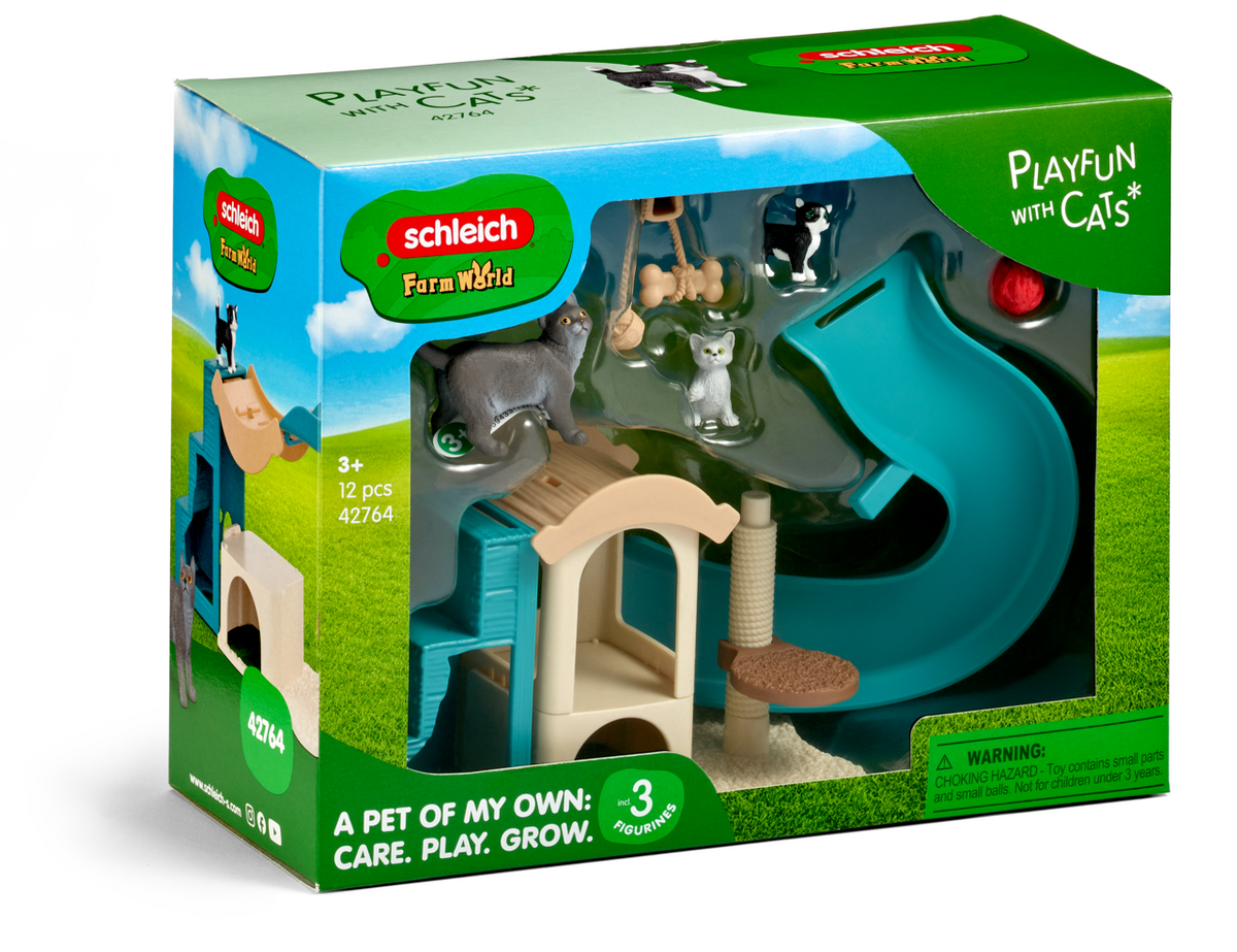 Schleich Playfun for Cats 42764 FARM WORLD playset with adult cat, kittens, playground, slide, scratching post and cat house