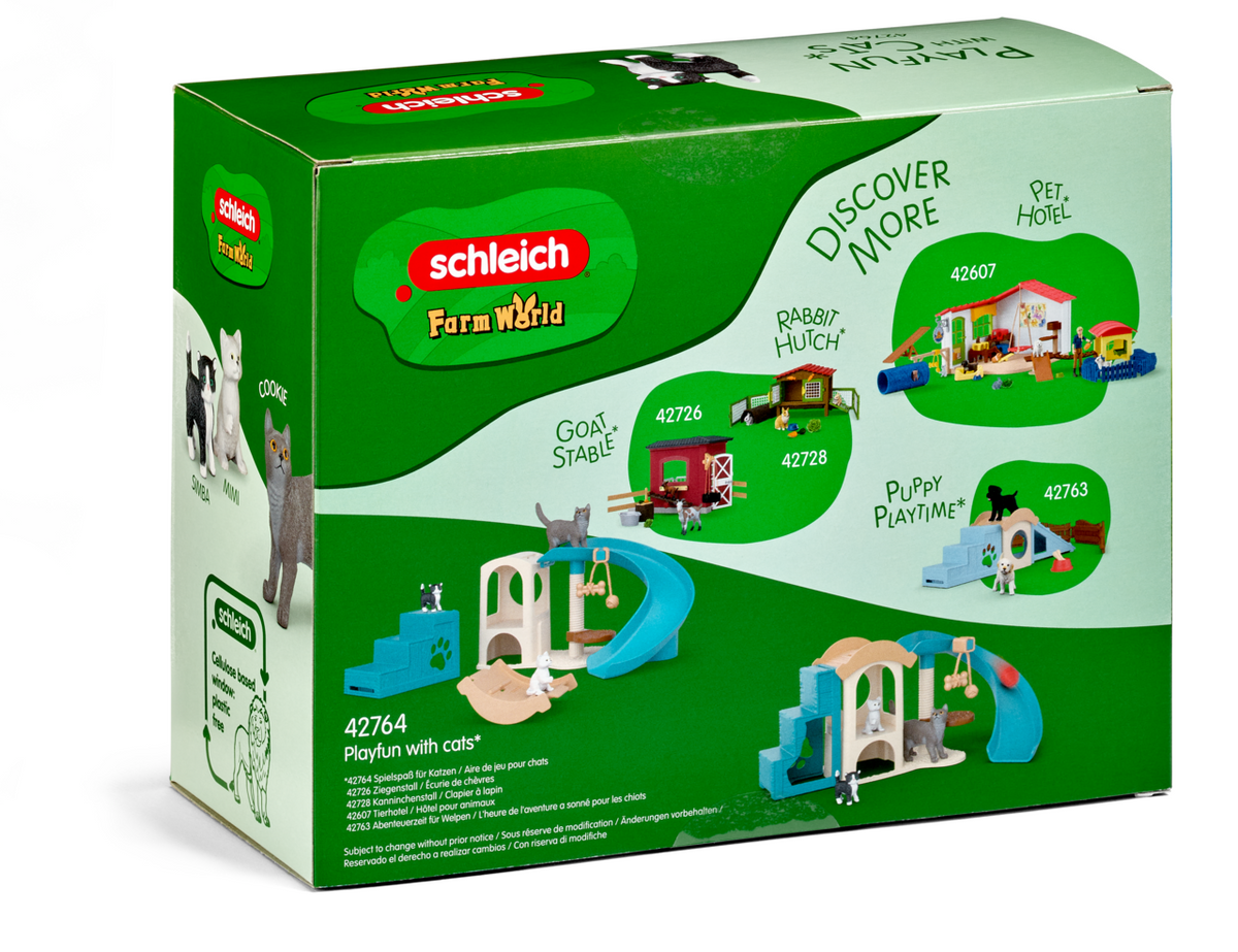 Schleich Playfun for Cats 42764 FARM WORLD playset with adult cat, kittens, playground, slide, scratching post and cat house