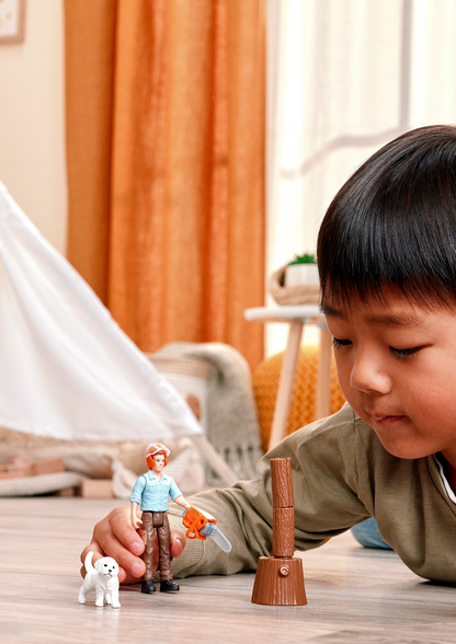 Schleich Forester Pocket Set 81475 with forester figure, puppy, squirrel, chainsaw and firewood accessories