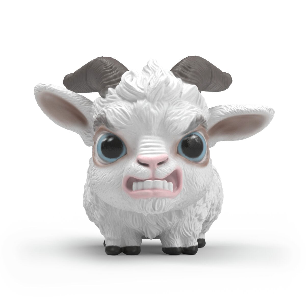A stylized white cartoon goat figurine with large blue eyes, pink snout, dark gray horns, and black hooves, centered on a light gray background.