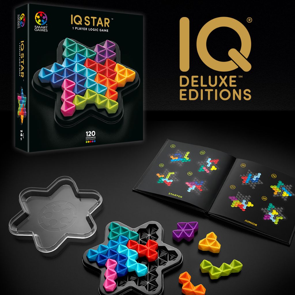 IQ Deluxe Star puzzle brain teaser for adults by SmartGames, presented in an elegant black and gold gift box