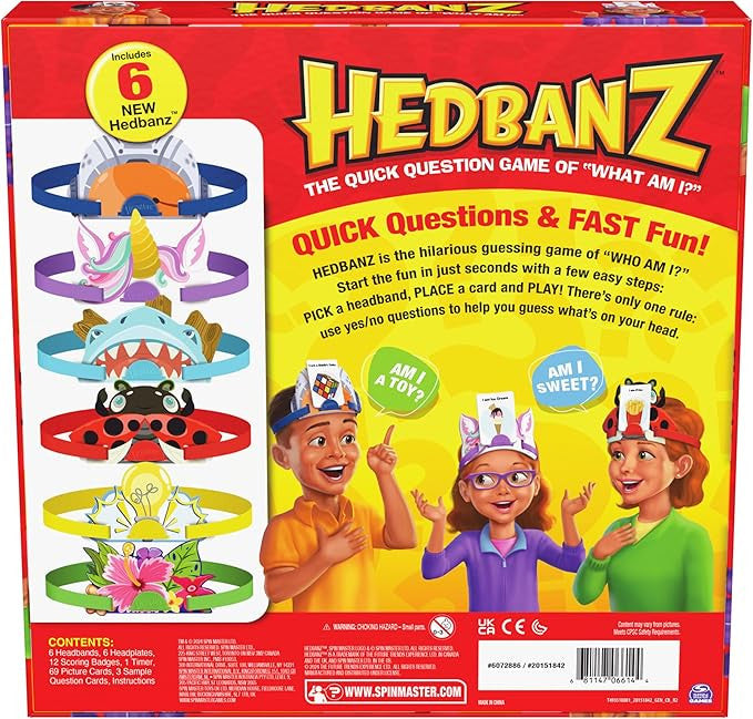 Spin Master Hedbanz 3rd Edition guessing game box featuring children wearing headbands and asking what am I questions