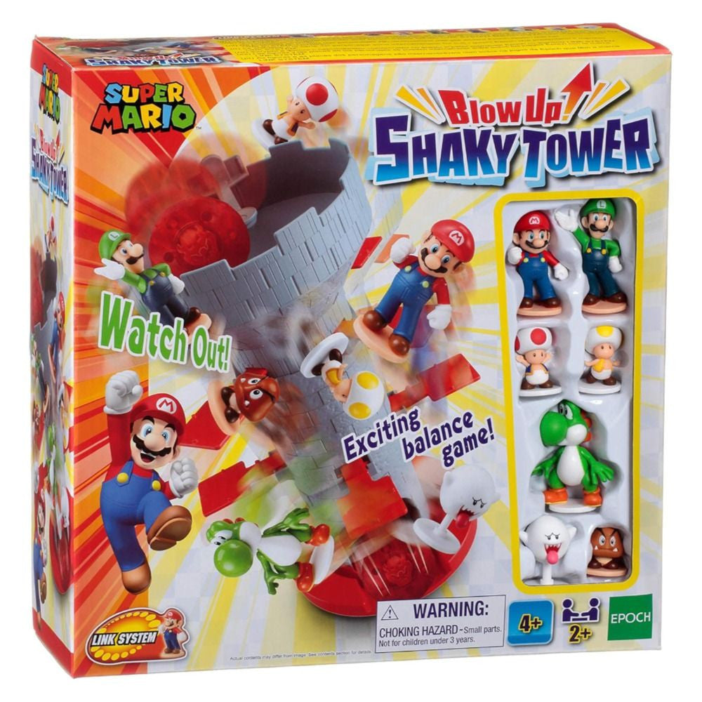 Super Mario Blow Up Shaky Tower balance game with Mario, Luigi, Yoshi and other character figures