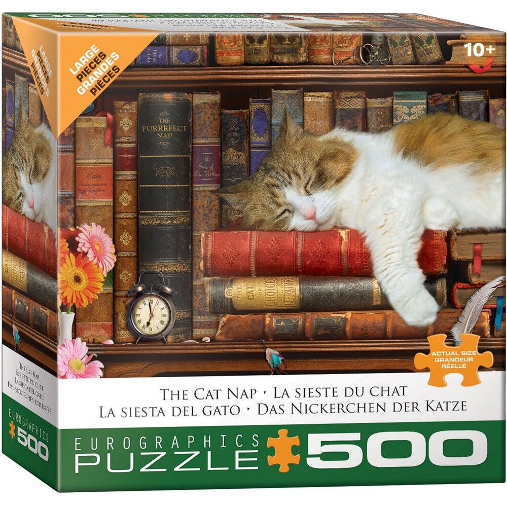 The Cat Nap 500 piece large-piece puzzle with sleeping cat on vintage bookshelf by Eurographics