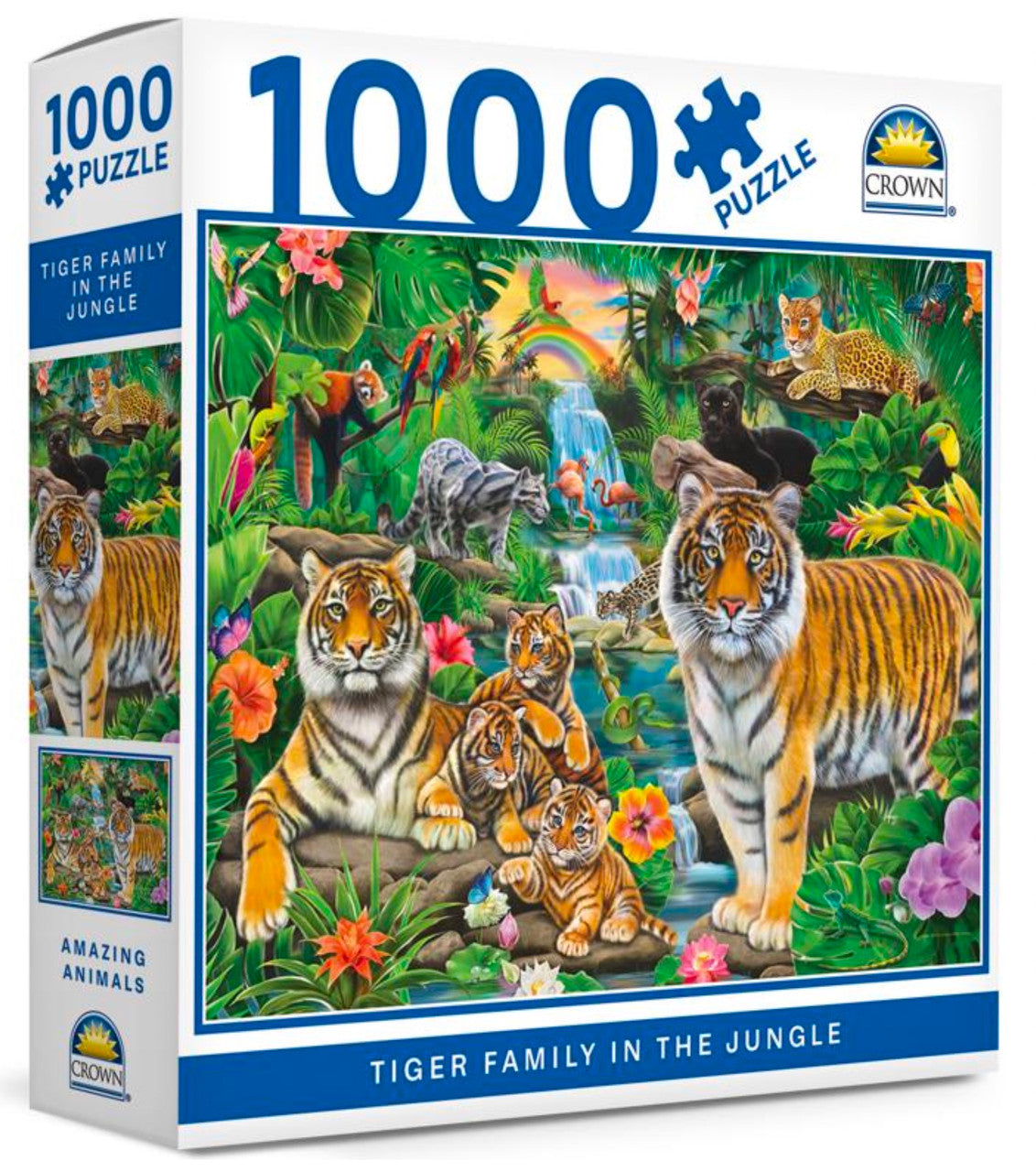 Tiger Family In The Jungle 1000 piece puzzle with tropical rainforest animals and waterfall scene