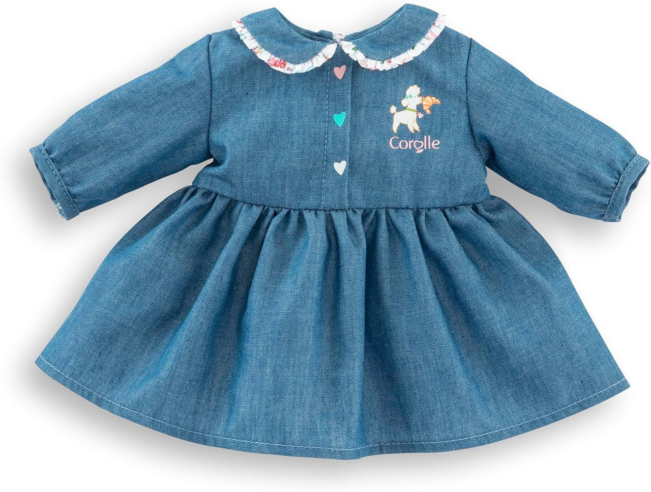 Weekend in Paris dress for 30cm Mon Premier Corolle baby doll with denim-look fabric and floral collar