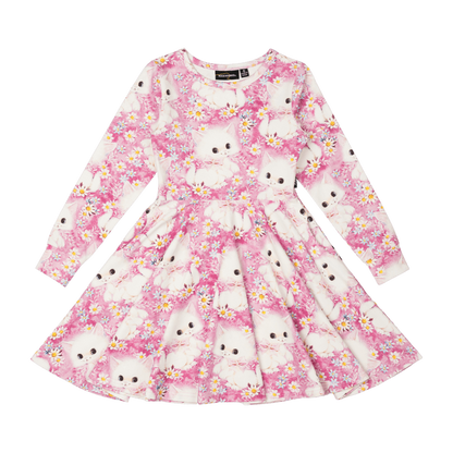 White Kitten Long Sleeve Waisted Dress