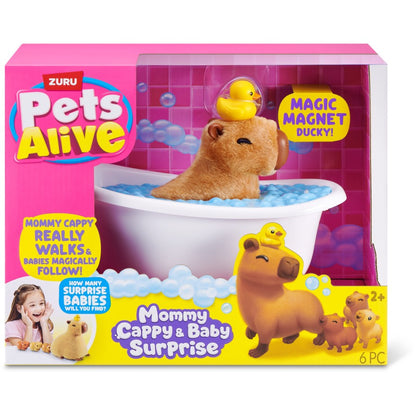 ZURU Pets Alive Mama Capybara and Baby Surprise interactive walking toy with bathtub, baby capybaras and magic magnet duck